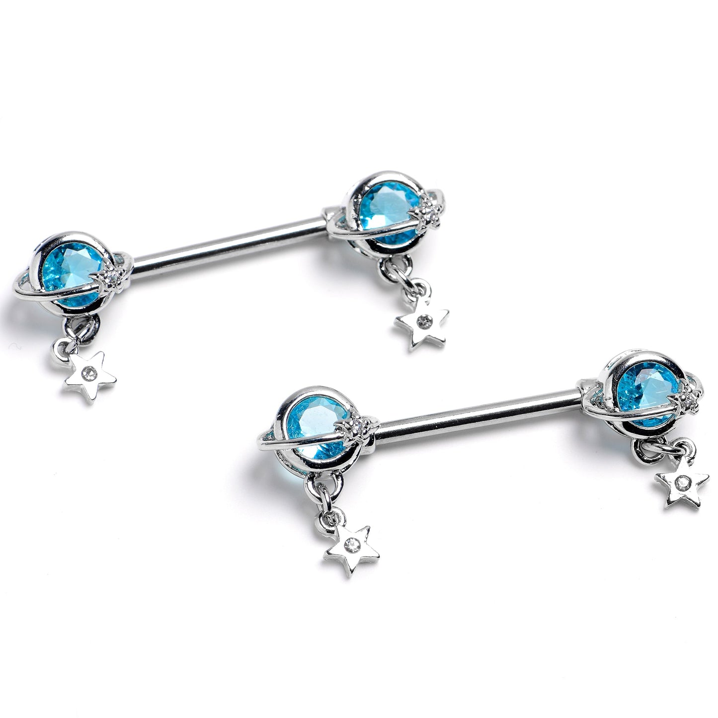 14G 9/16 Blue CZ Gem Starry Saturn Dangle Nipple Ring Set