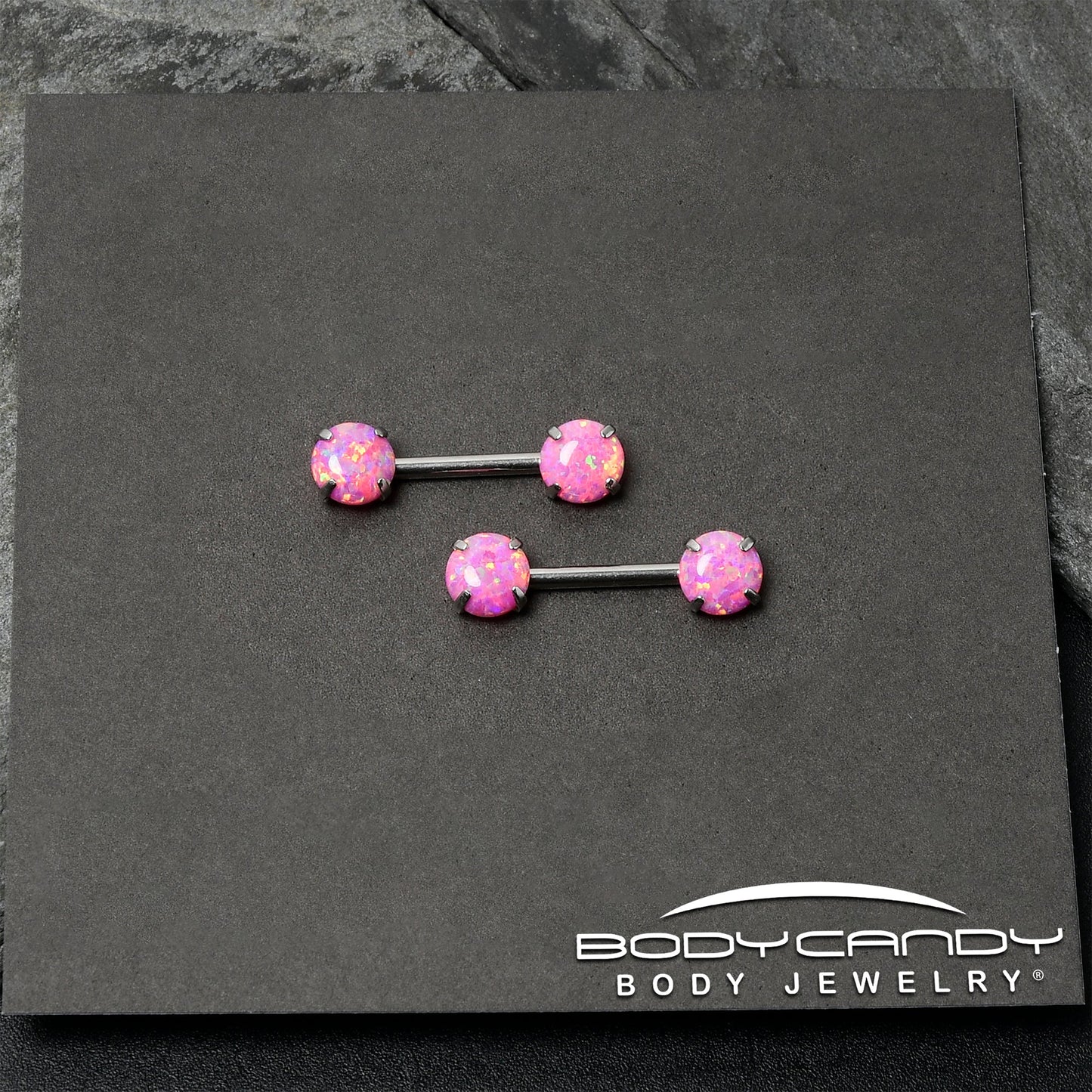 14G 1/2 Pink Synthetic Opal Threadless Barbell Nipple Ring Set