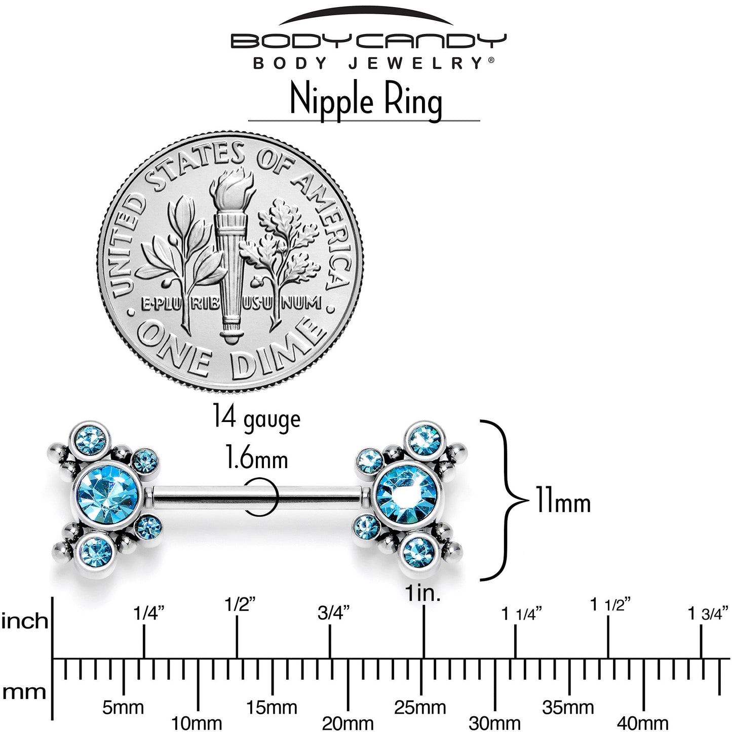 14G 9/16 Blue CZ Gem Circles Threadless Barbell Nipple Ring Set