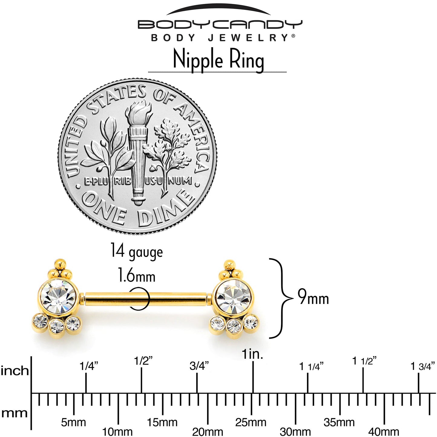 14G 9/16 Clear CZ Gem Gold Tone Style Threadless Nipple Ring Set