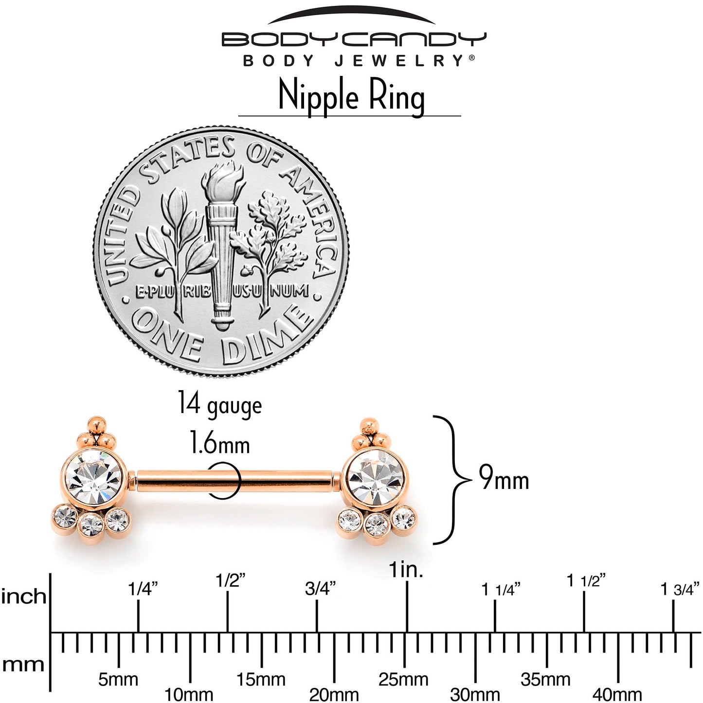 14G 9/16 Clear CZ Gem Rose Gold Tone Style Threadless Nipple Ring Set