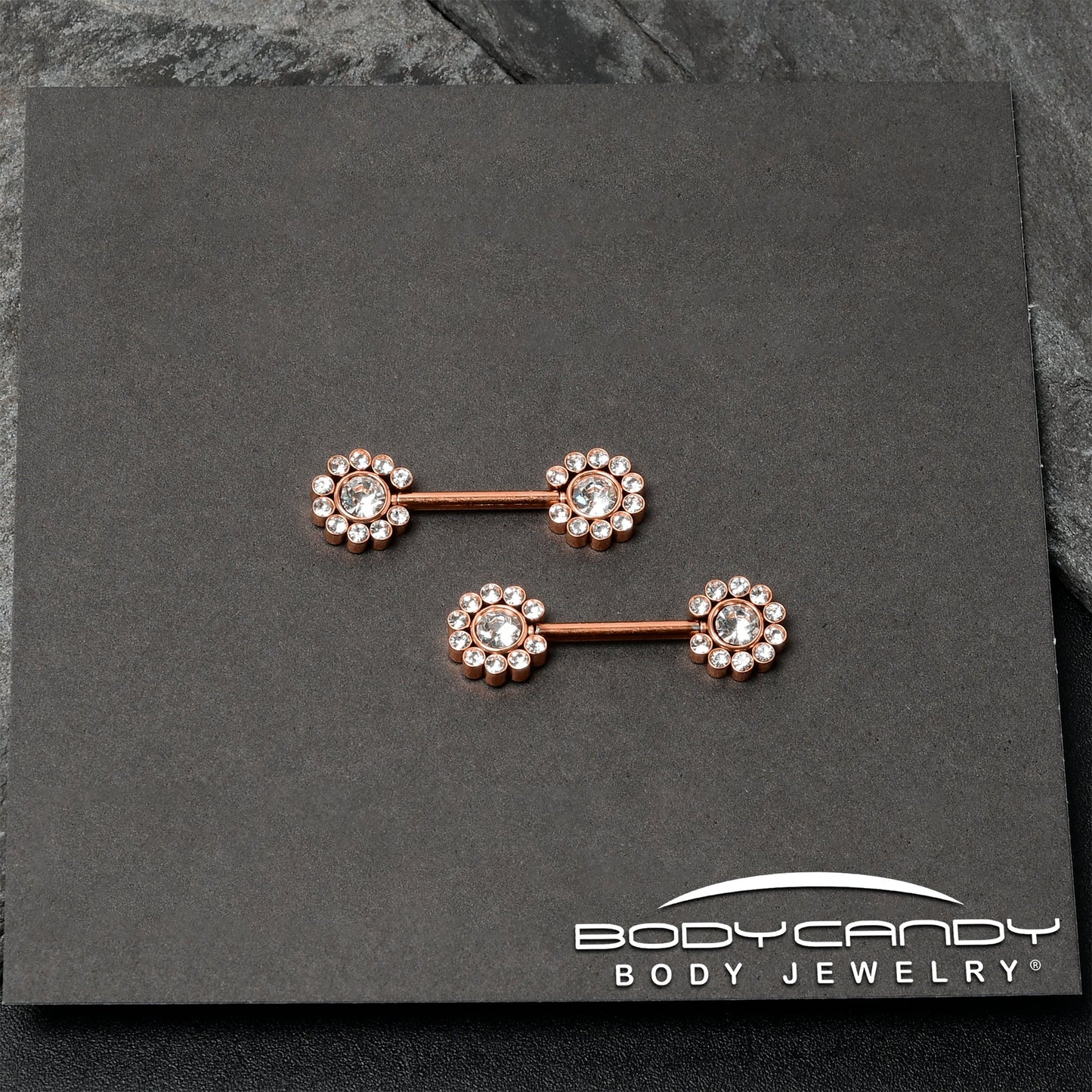 14G 9/16 Clear CZ Gem Rosy Tone Flower Threadless Nipple Ring Set