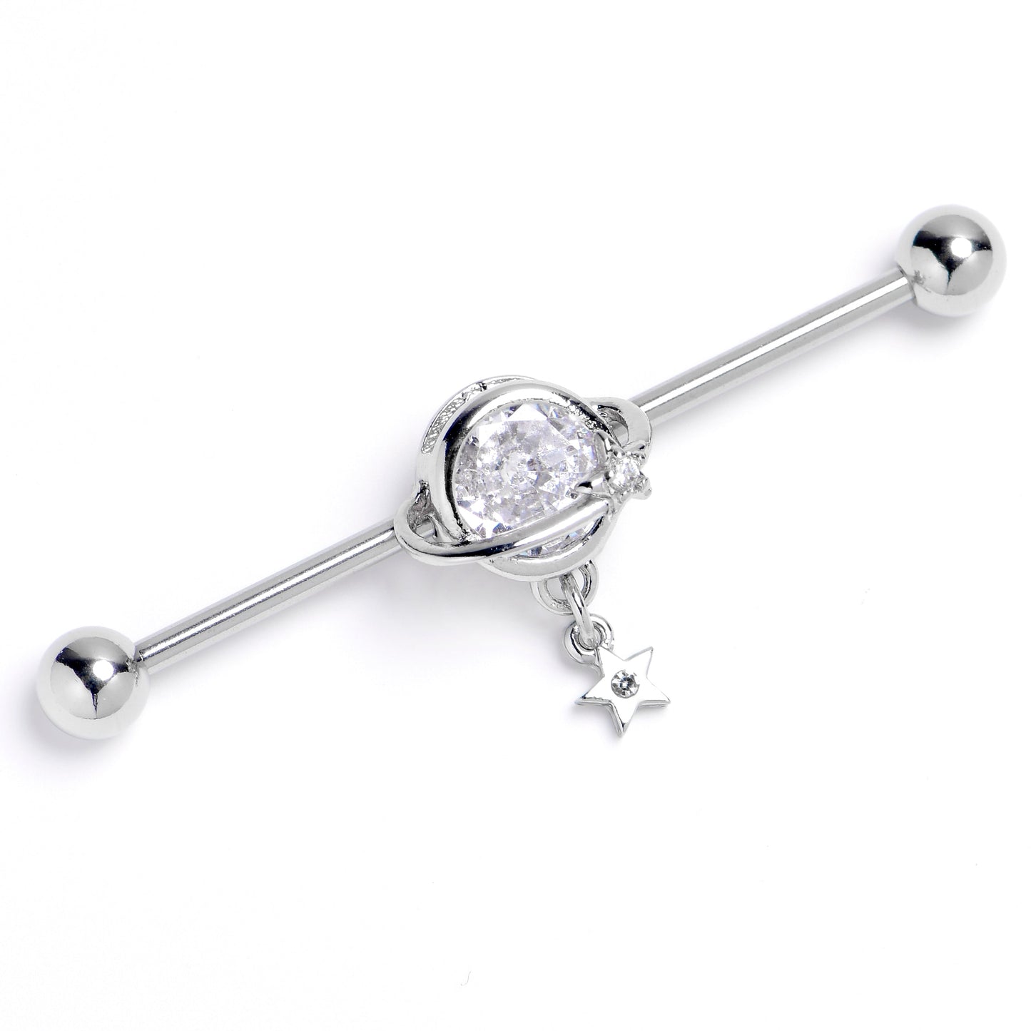14G Clear Gem Starry Saturn Dangle Industrial Barbell 38mm