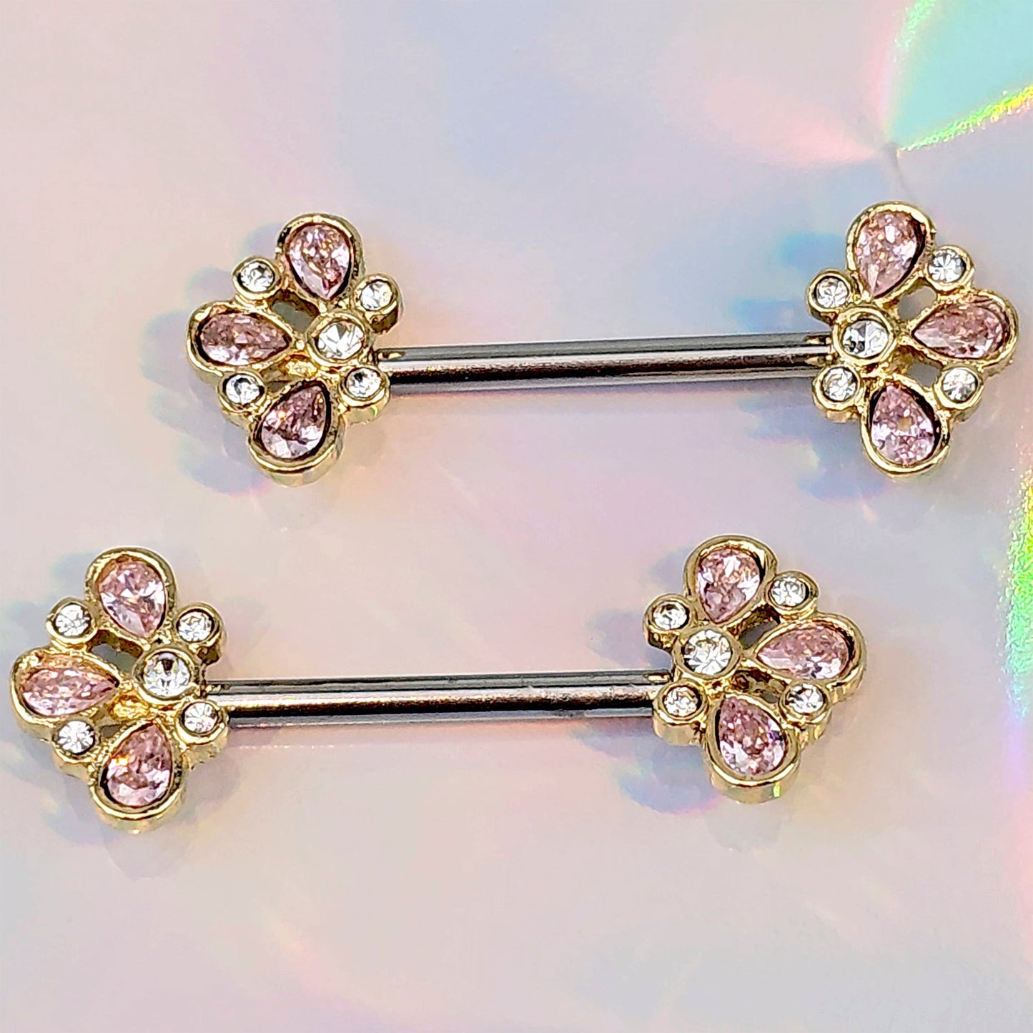 14G 9/16 Pink Gem Filigree Flower Fantasy Barbell Nipple Ring Set