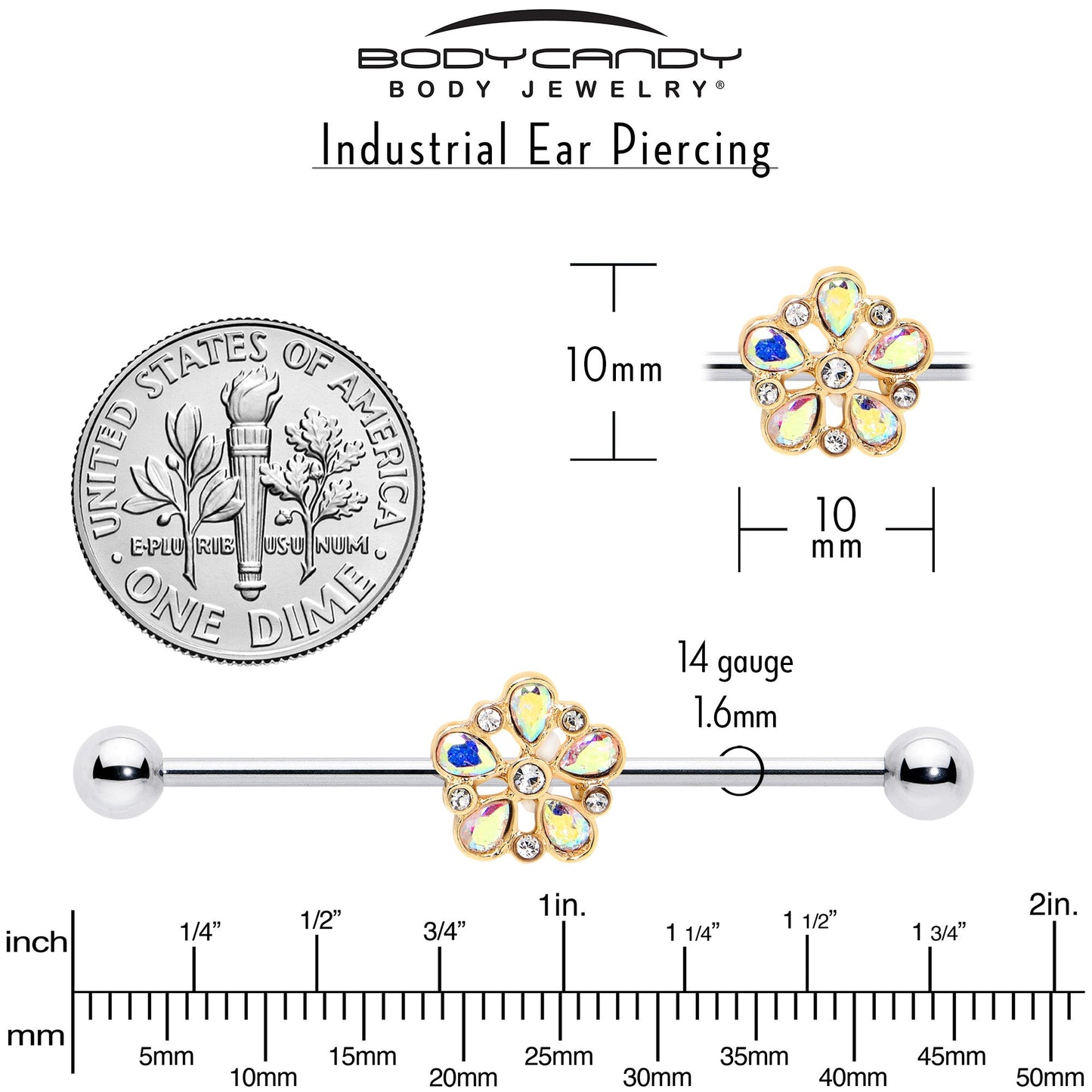 14G Aurora Gem Filigree Flower Fantasy Industrial Barbell 38mm