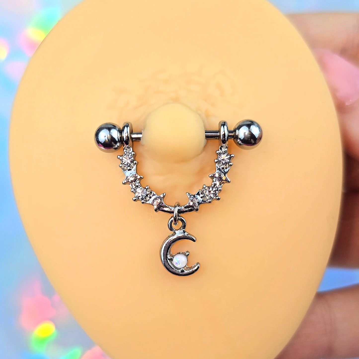 14G 9/16 Clear Gem Crescent Moon Stars Dangle Nipple Ring Set