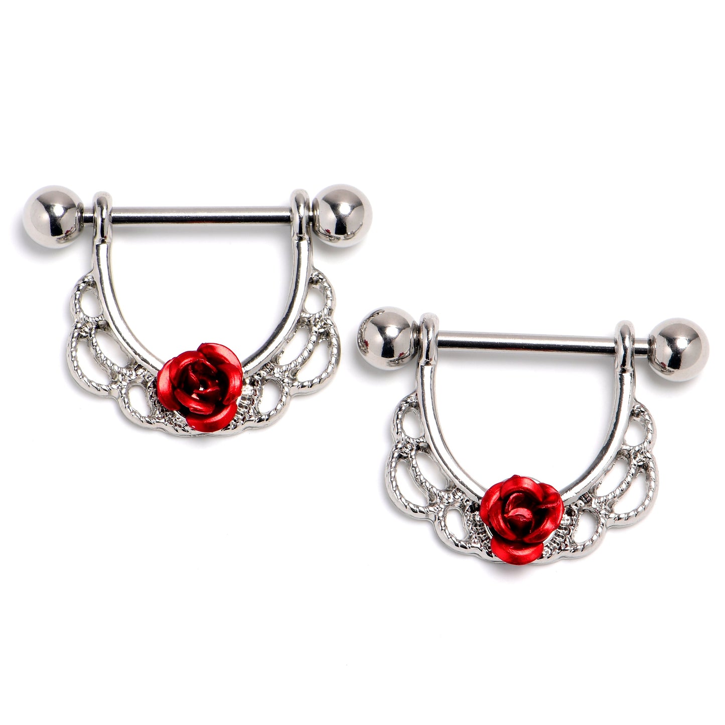 14G 9/16 Blooming Red Rose Filigree Dangle Nipple Ring Set