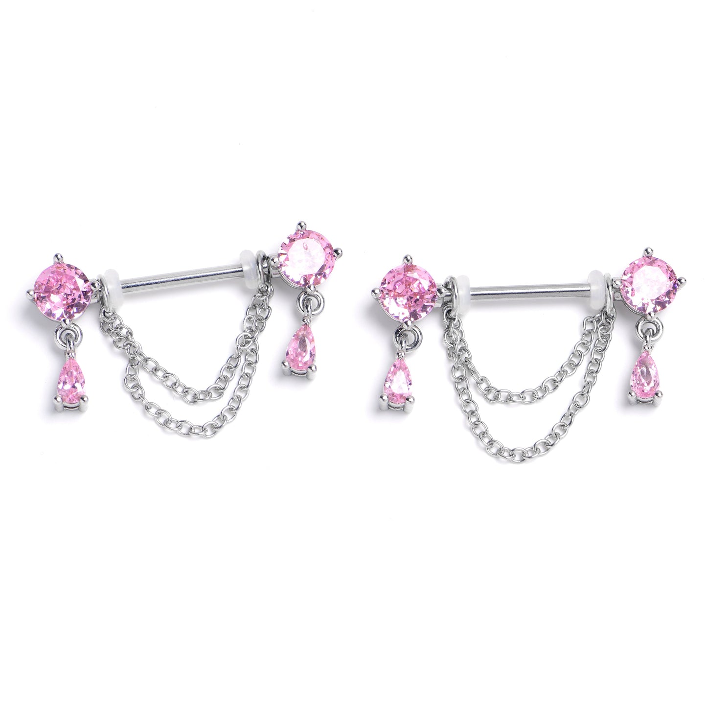 14G 9/16 Pink Gem Double Drama Dangle Nipple Piercing Rings