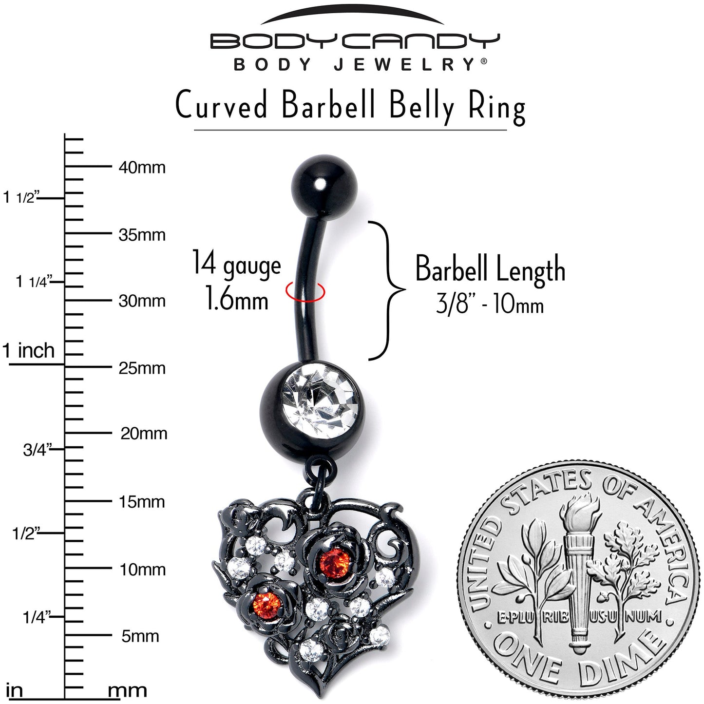 Clear Red CZ Gem Black Heart Floral Dangle Belly Ring