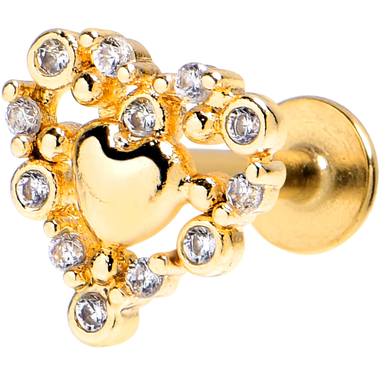 16G 1/4 Clear CZ Gem Gold Tone Heart Duo Labret Tragus