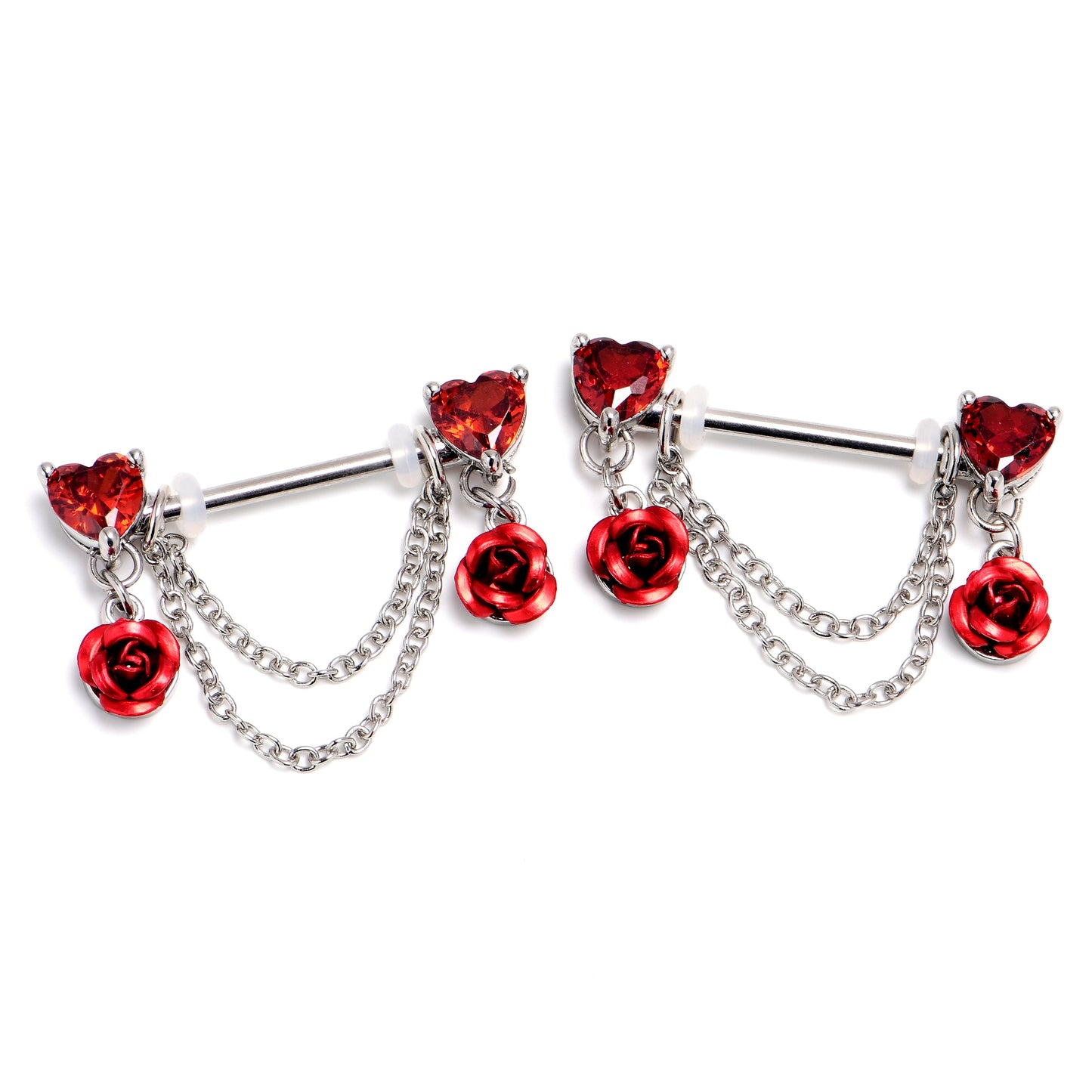 14G 9/16 Red Gem Roses And Hearts Romance Dangle Nipple Ring Set
