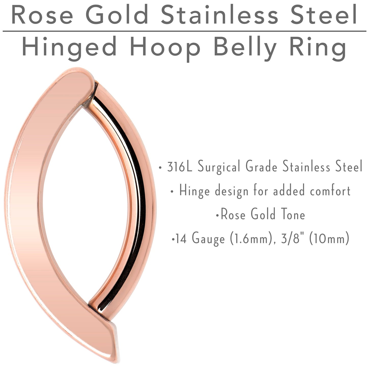 14G 3/8 Rose Gold Tone 316L Surgical Steel Smooth Style Hinged Hoop Belly Ring