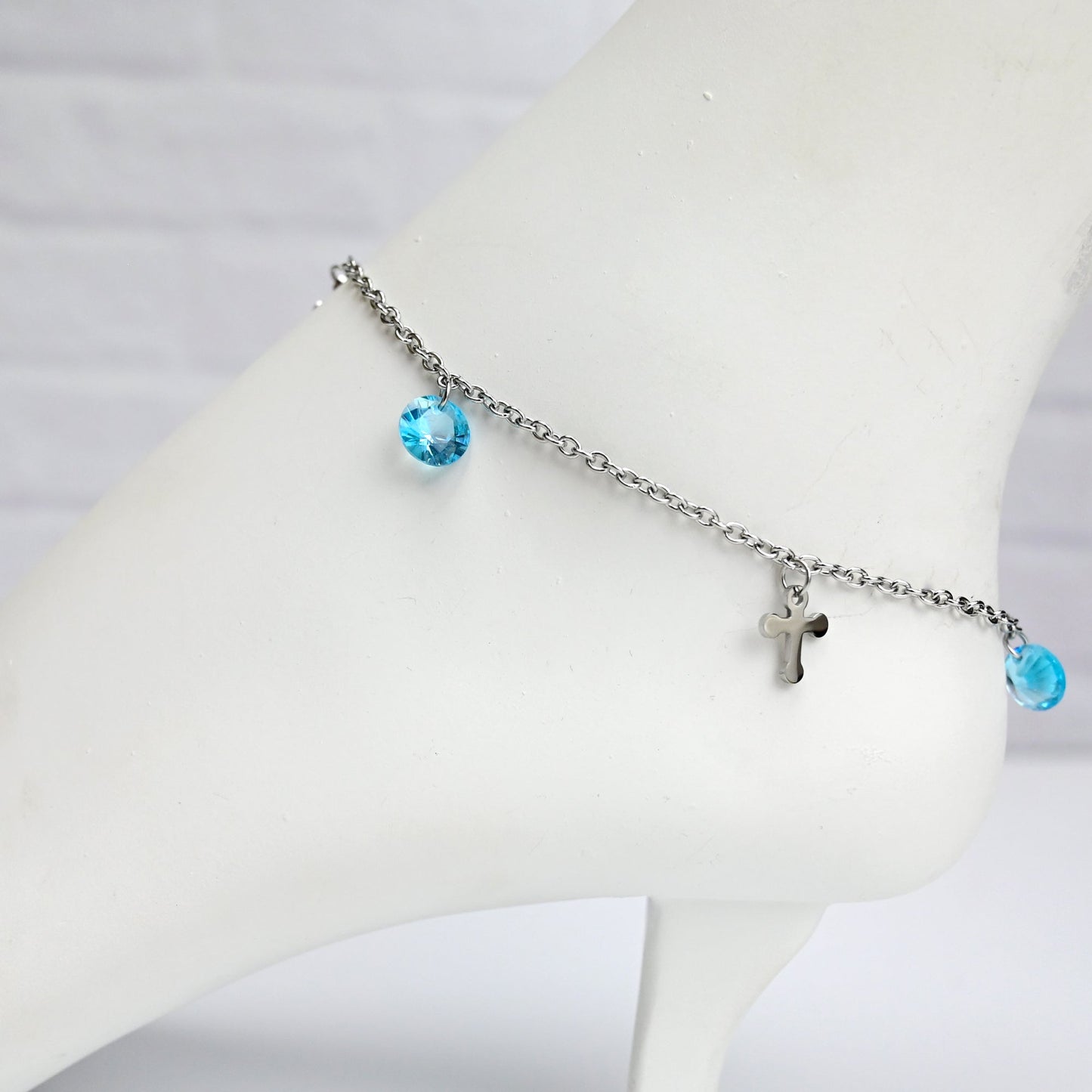 Blue Gem Cross Dangle Stainless Steel Ankle Bracelet