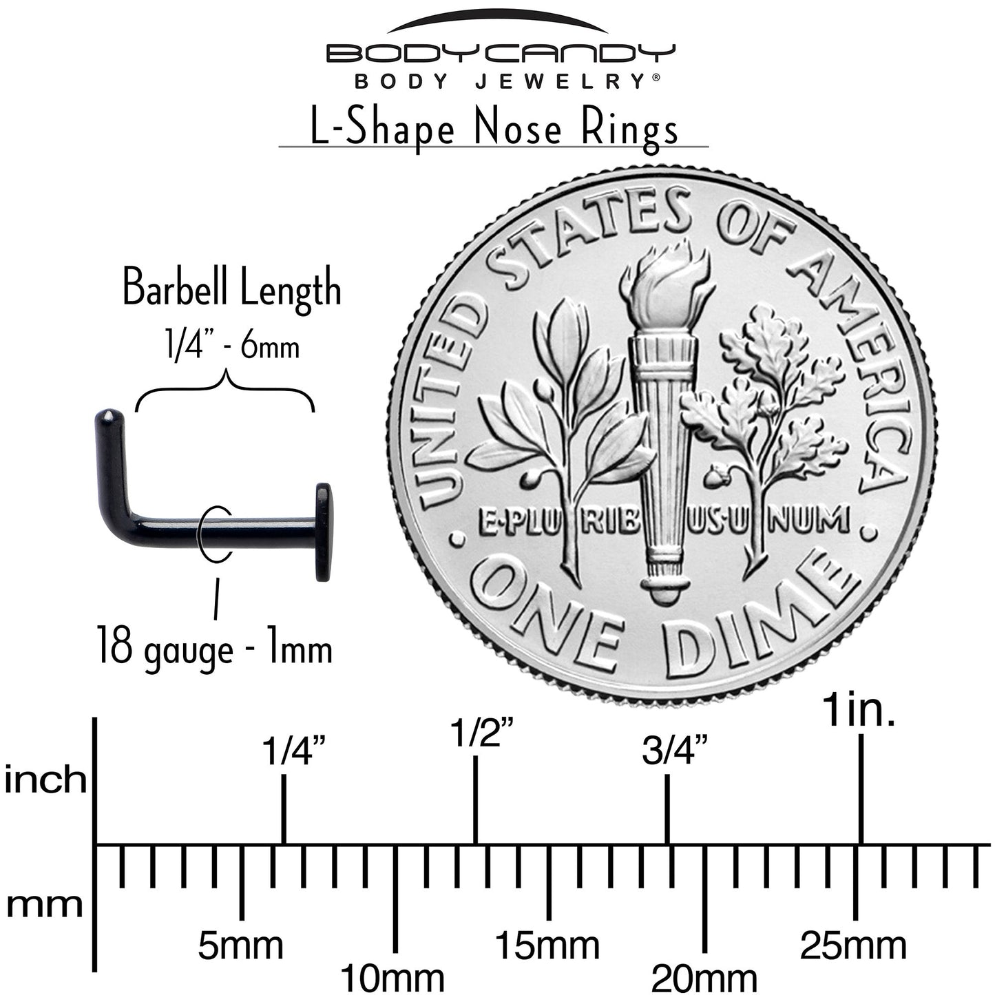 18G 1/4 Black ASTM F-136 Implant Grade Titanium Heart End L Shape Nose Ring