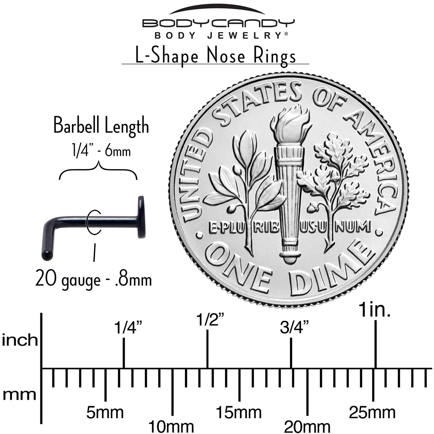 20G 1/4 Black ASTM F-136 Implant Grade Titanium Moon End L Shape Nose Ring