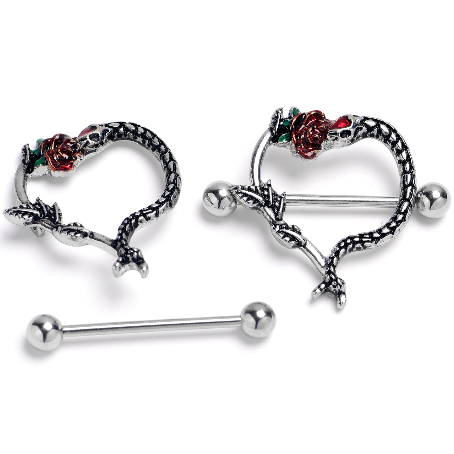 14G Serpentine Snake Flower Rose Heart Nipple Shield Set