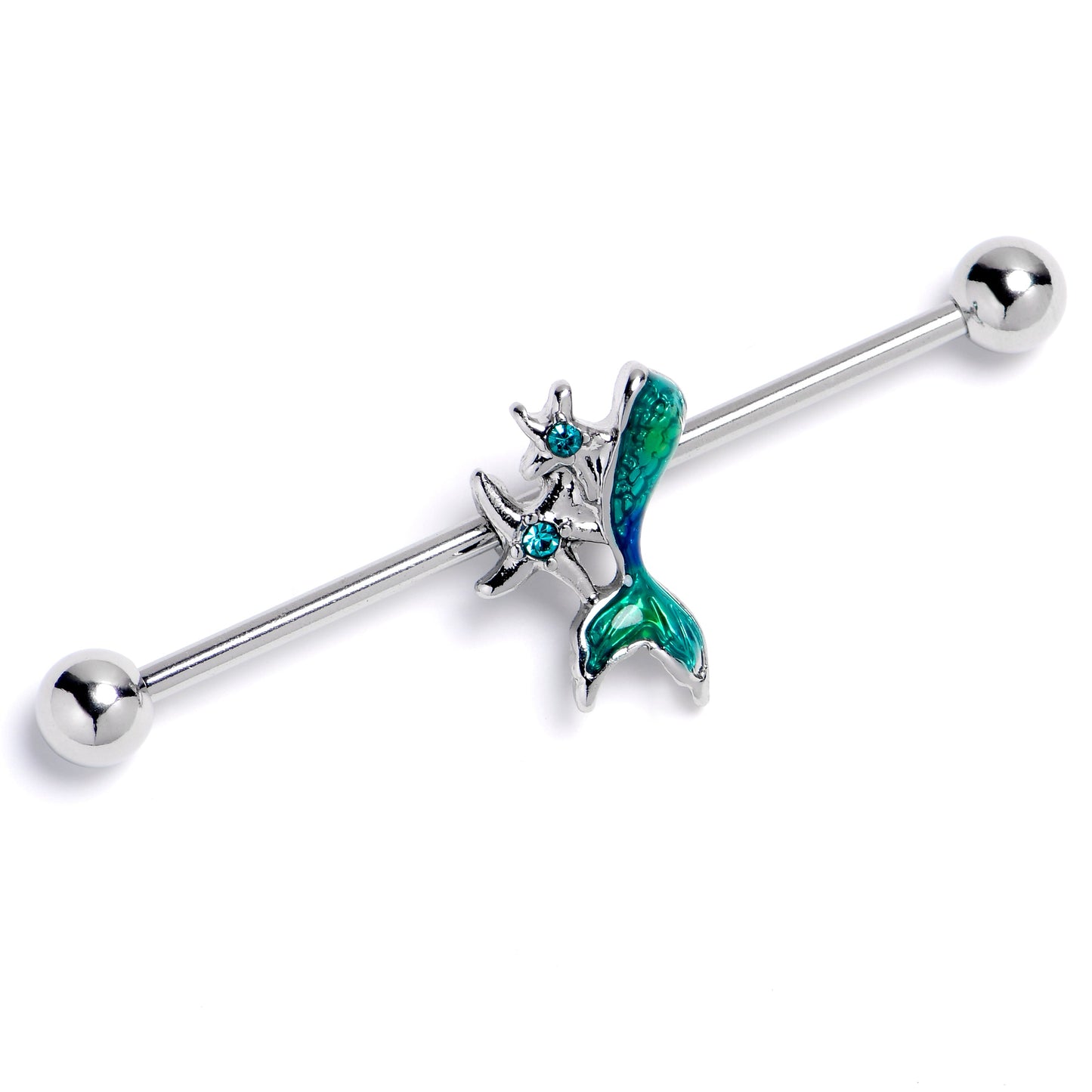 14G Green Gem Green Mermaids Tail Star Industrial Barbell 38mm