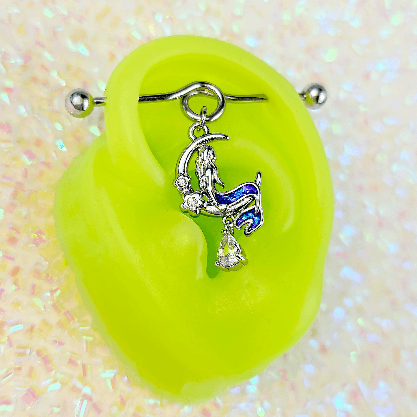 14G Clear Gem Floral Mermaid Moon Dangle Project Bar 38mm