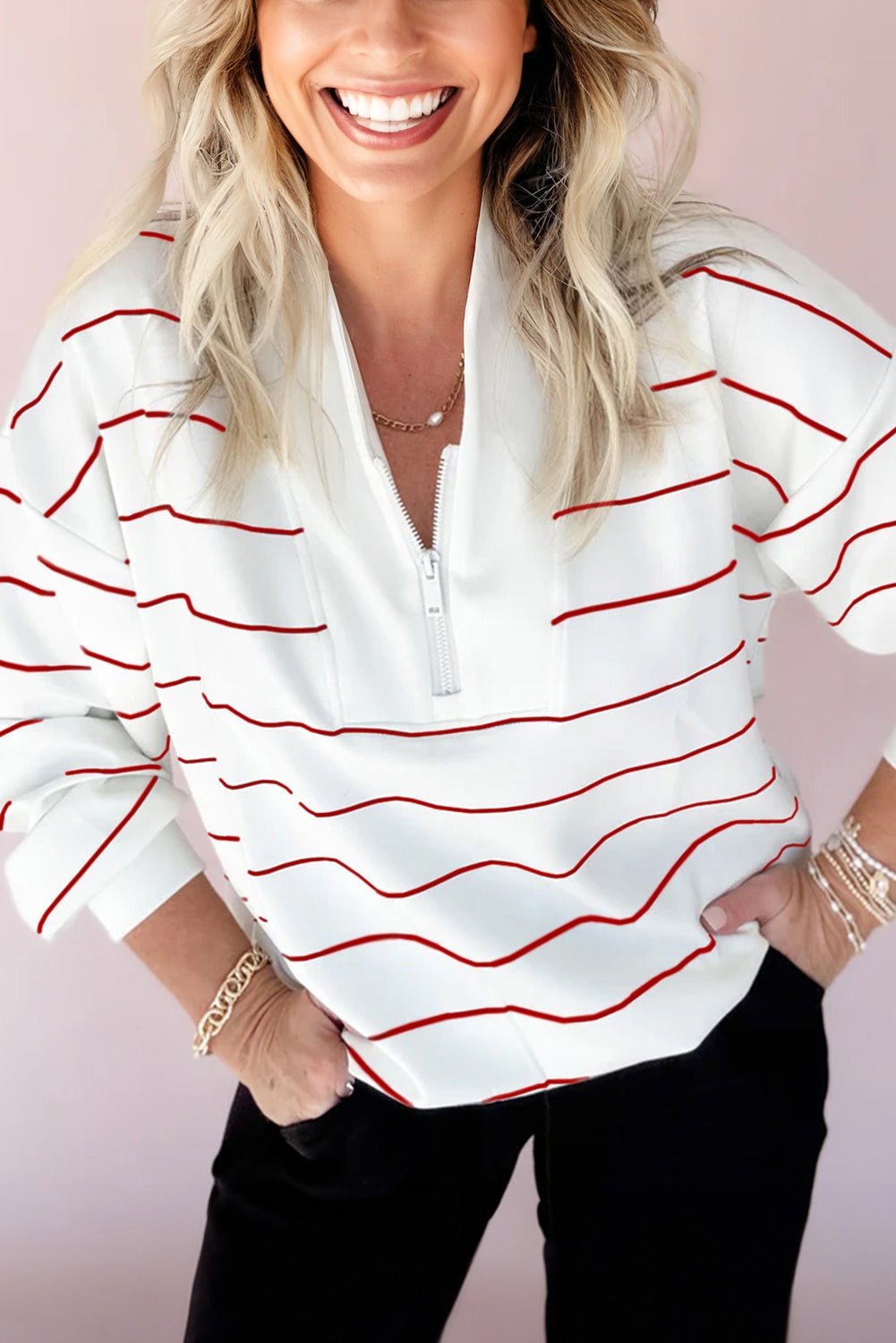 Fiery Red Zip V Neck Casual Stripe Print Drop Shoulder Long Sleeve Top - Jaico Online Shop