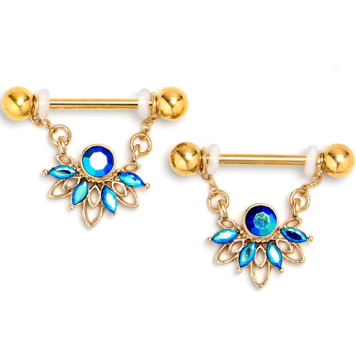 14G 9/16 Blue Gem Gold Tone Filigree Tiara Dangle Nipple Ring Set