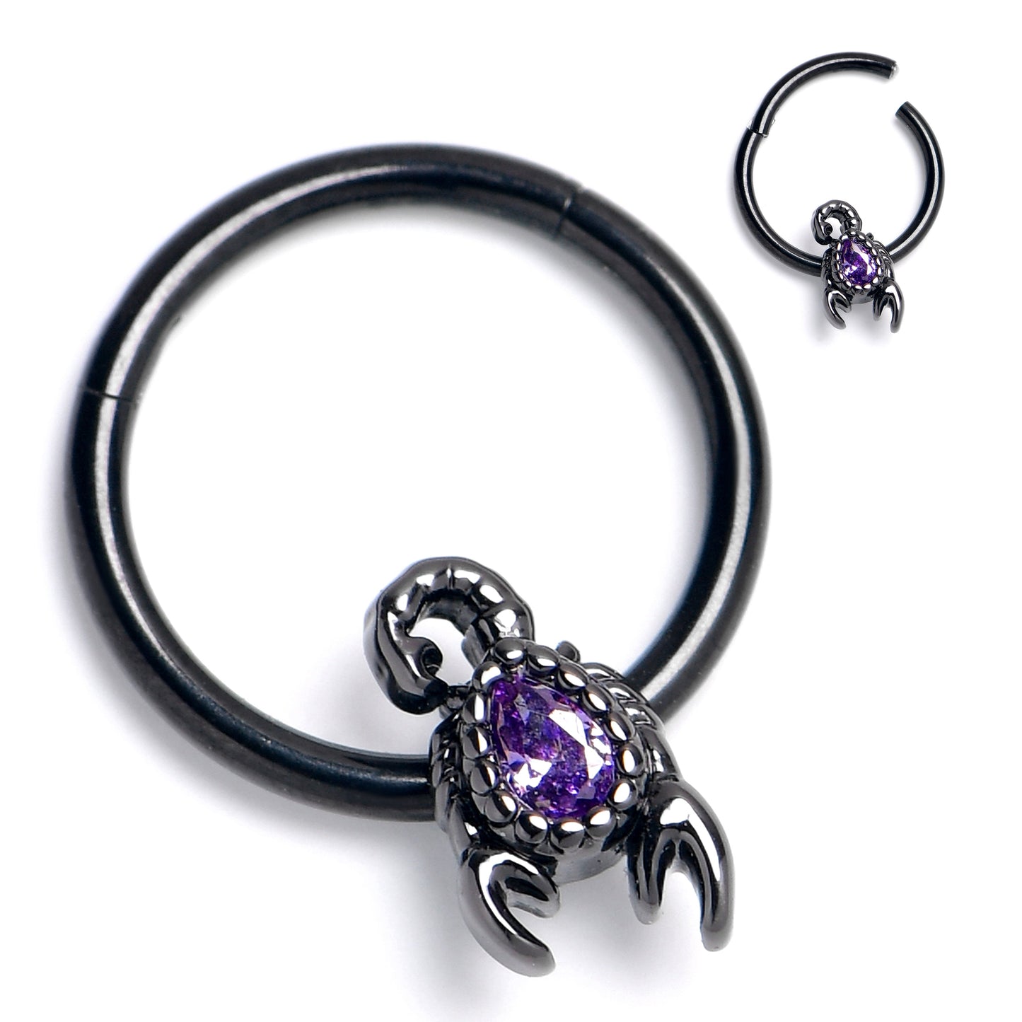 16G 3/8 Purple Gem Black Goth Scorpion Hinged Segment Ring