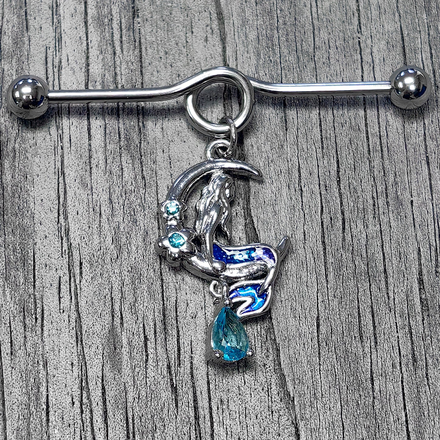 14G Blue Gem Floral Mermaid Moon Dangle Project Bar 38mm