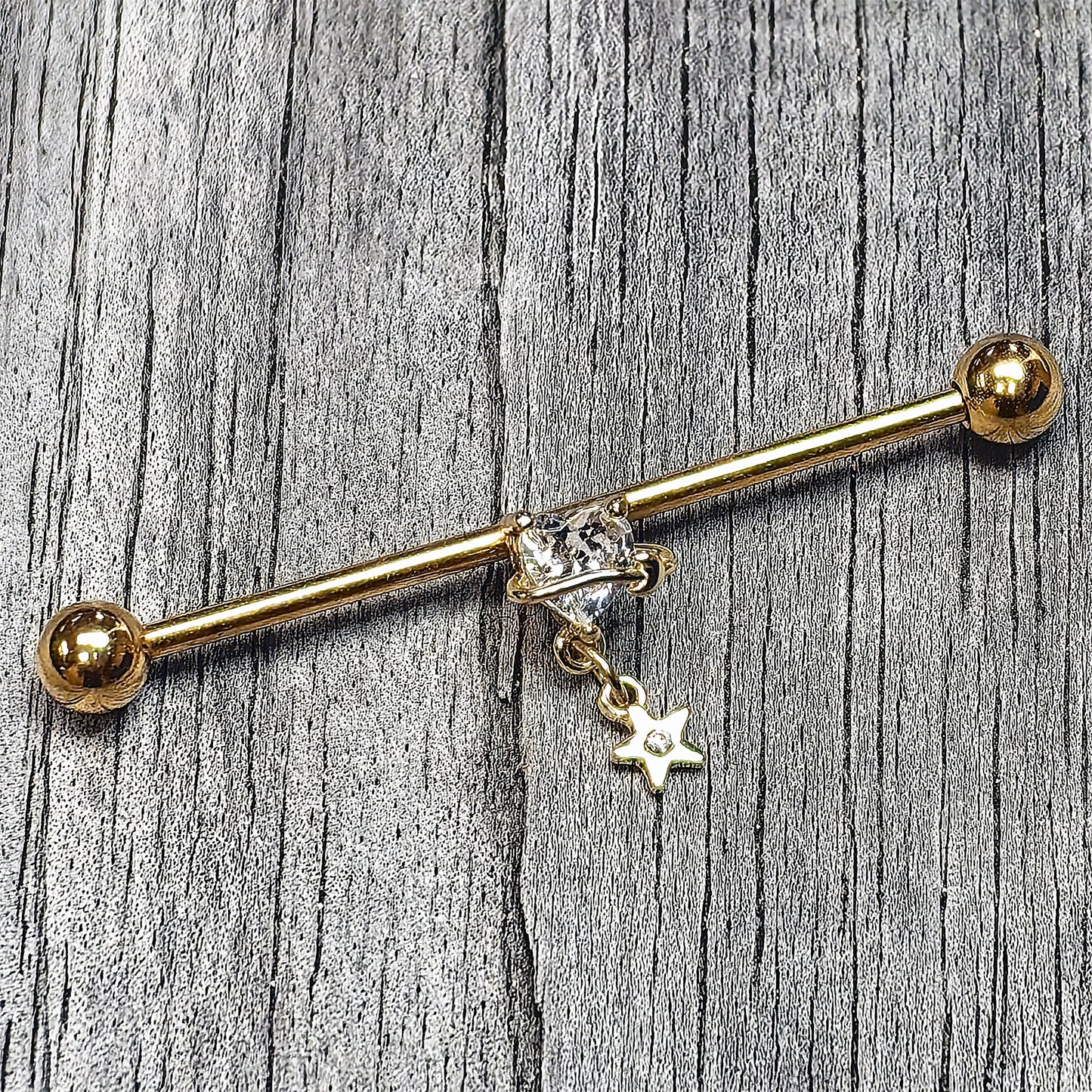 14G Clear Gem Gold Tone Starry Saturn Dangle Industrial Barbell 38mm