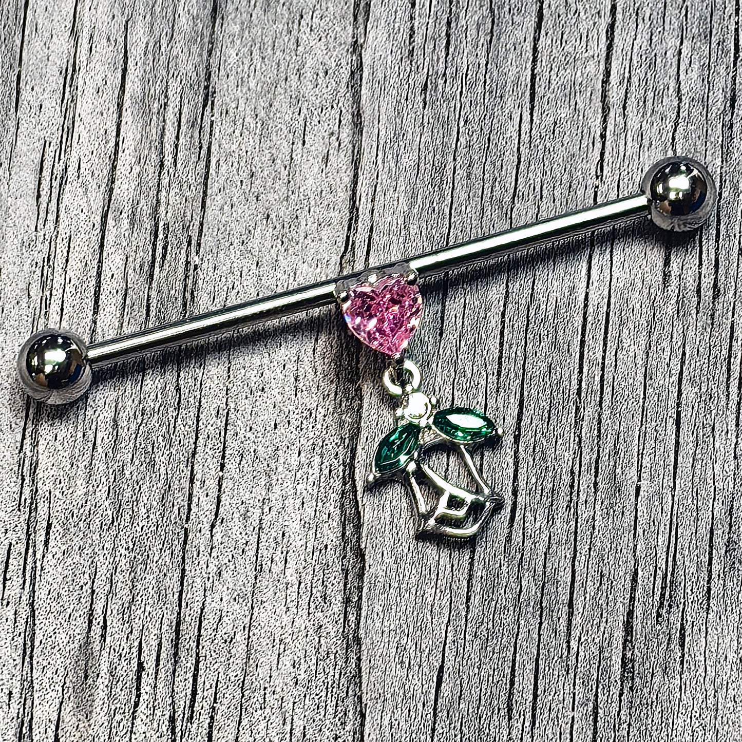 14G Pink Gem Heart And Rose Dangle Industrial Barbell 38mm