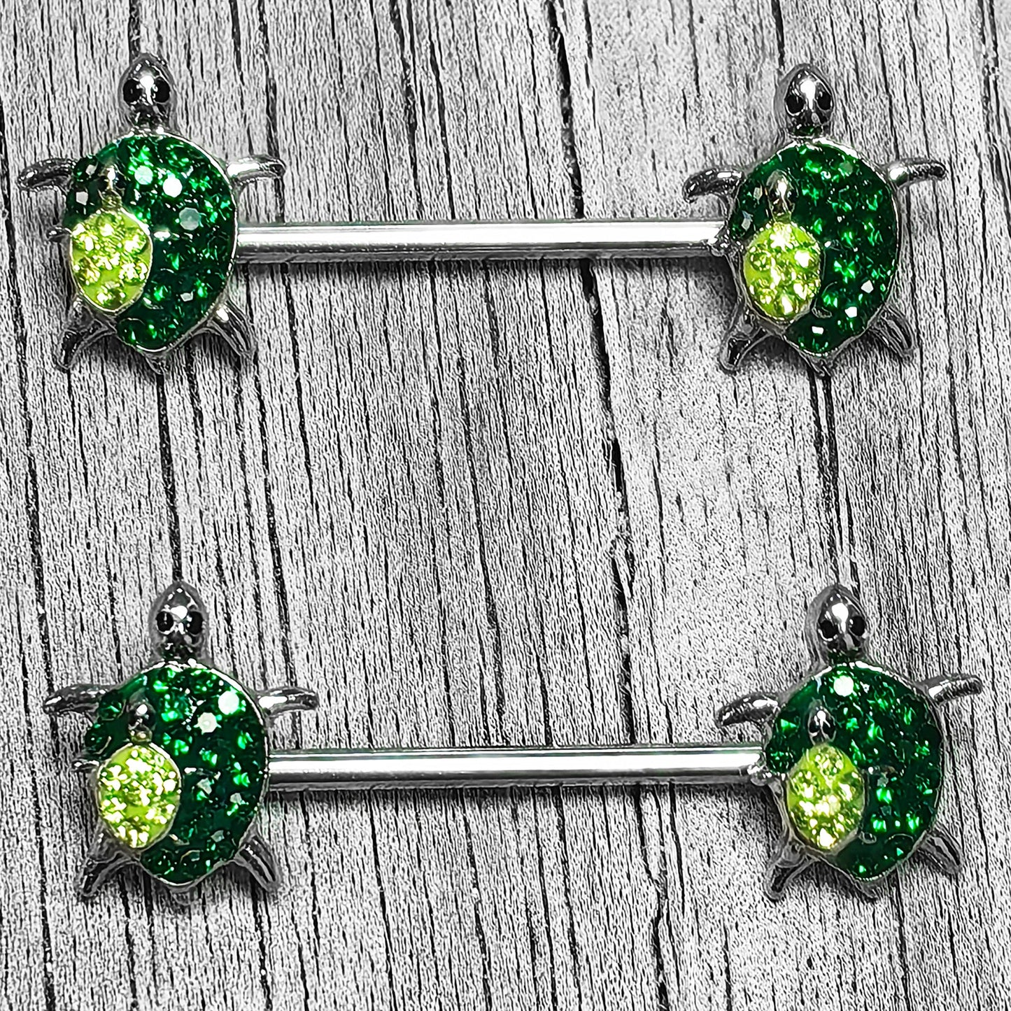 14G 9/16 Green Gem Turtle World Barbell Nipple Ring Set
