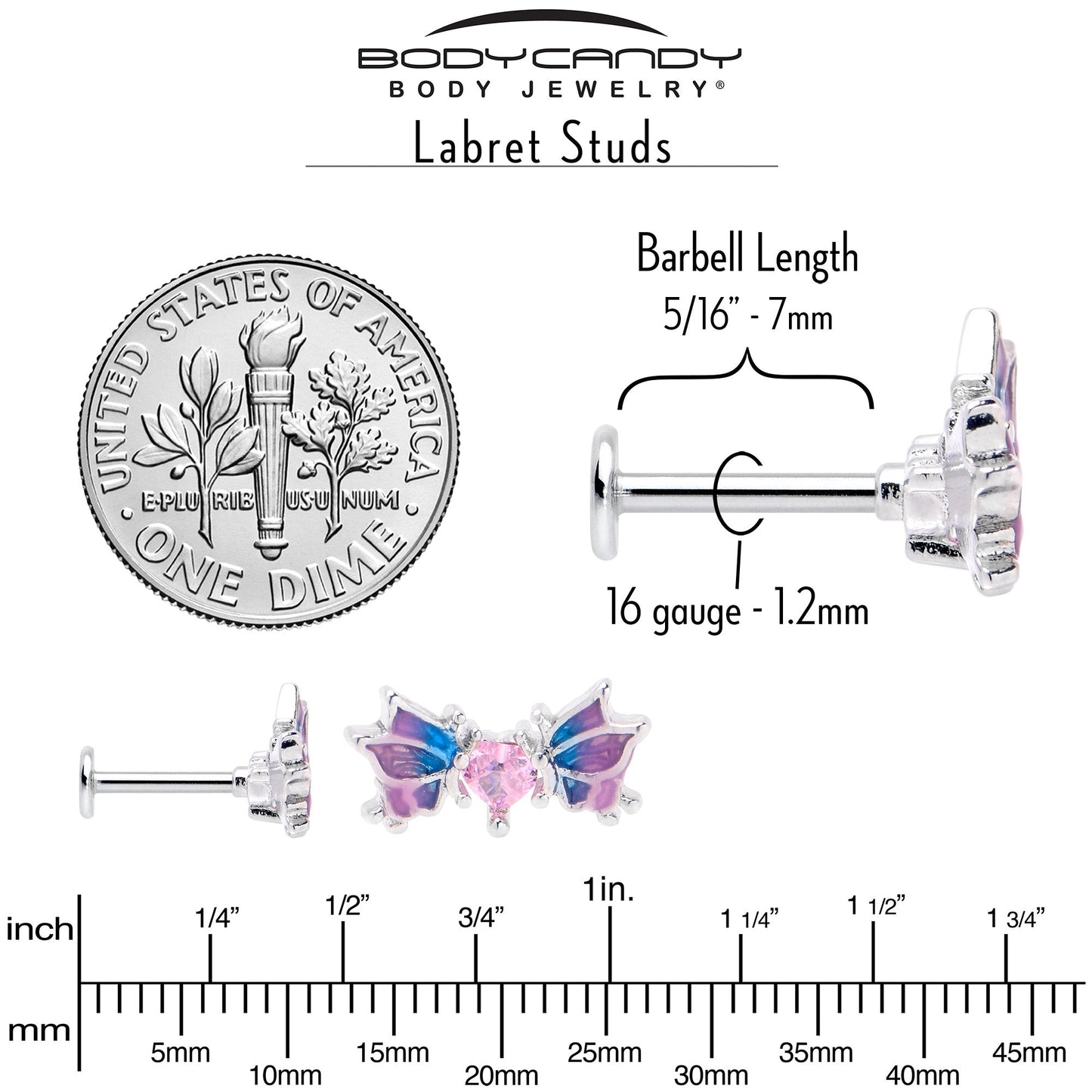 16G 5/16 Pink CZ Gem Heart Butterfly Labret Monroe Tragus