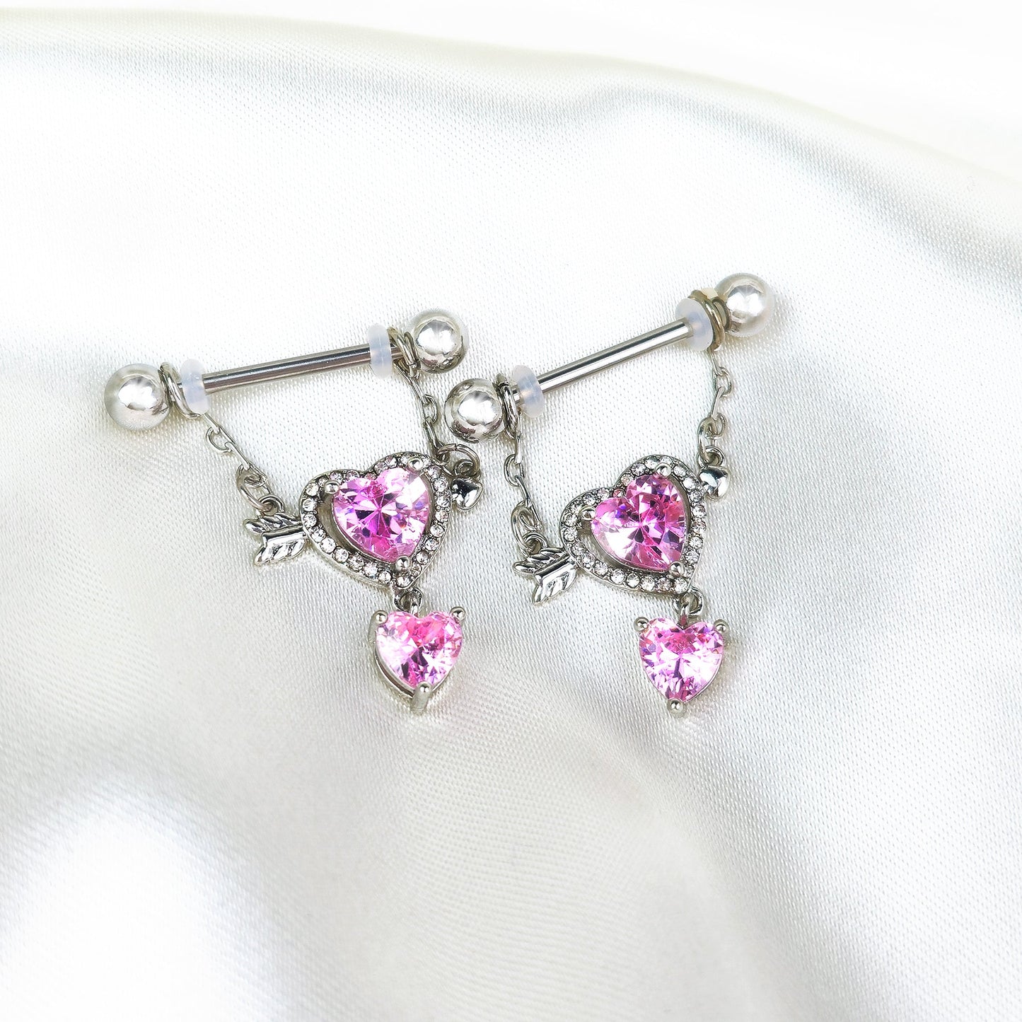 14G 9/16 Pink CZ Gem Fusion Of Love Arrow Heart Dangle Nipple Ring Set