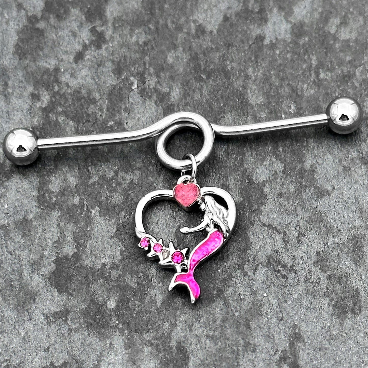 14G Pink Gem Mermaid Tail Stars Dangle Project Bar 38mm