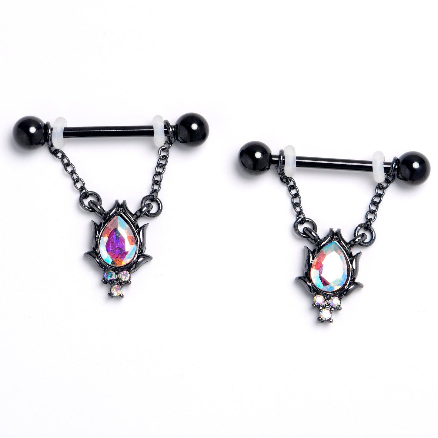14G 9/16 Aurora CZ Gem Black Dream Drop Dangle Nipple Ring Set
