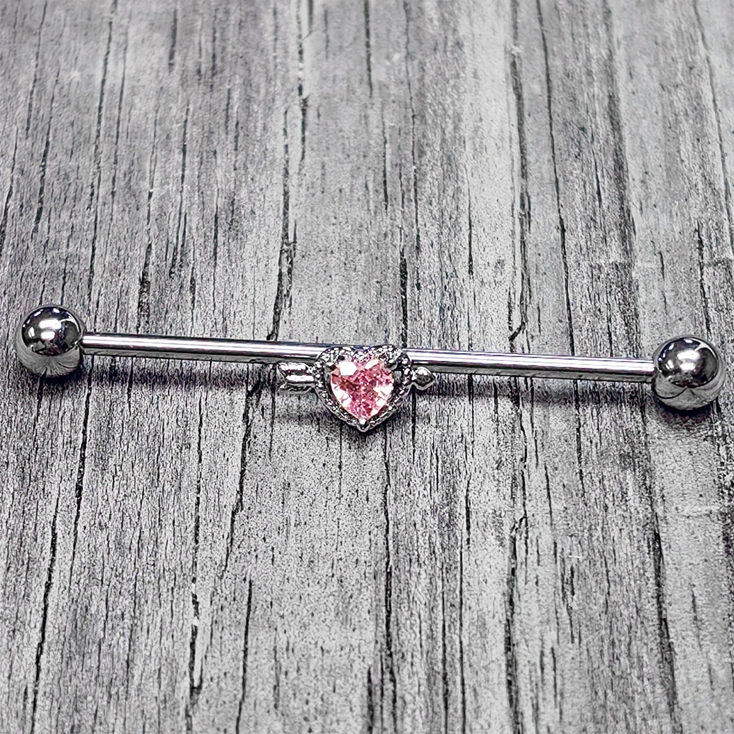 14G Pink Clear CZ Gem Fusion Of Love Heart Industrial Barbell 38mm
