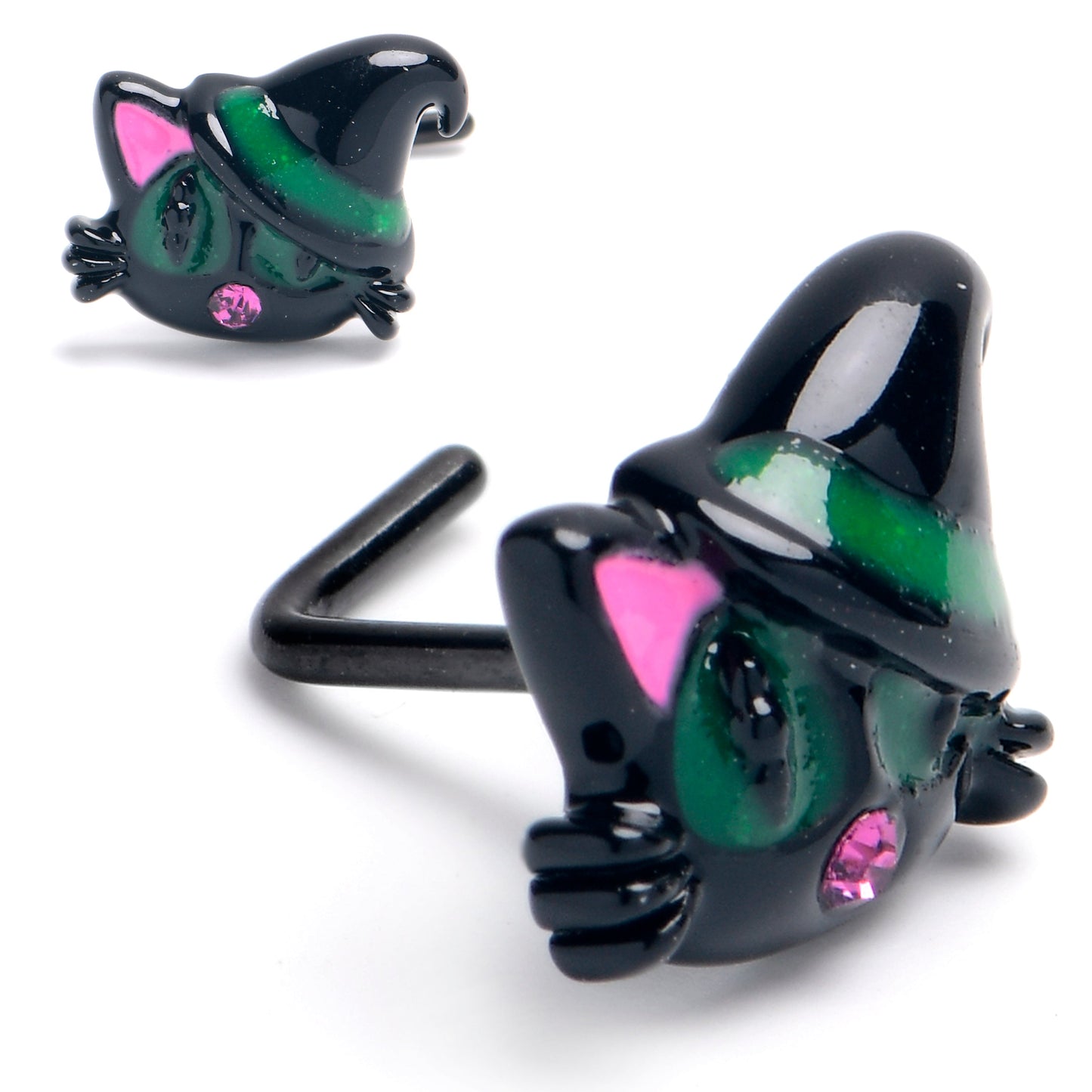 20G 1/4 Pink Gem Black Halloween Hat Cat L Shape Nose Ring