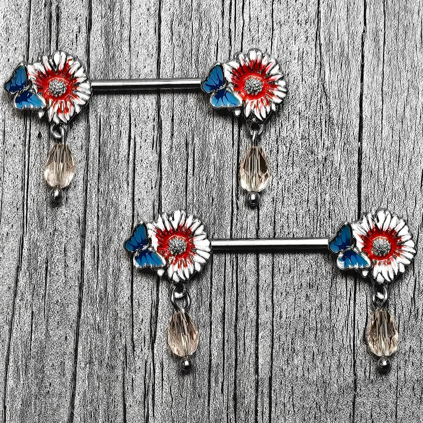 14G 9/16 Passion Flower Blue Red Butterfly Dangle Nipple Ring Set