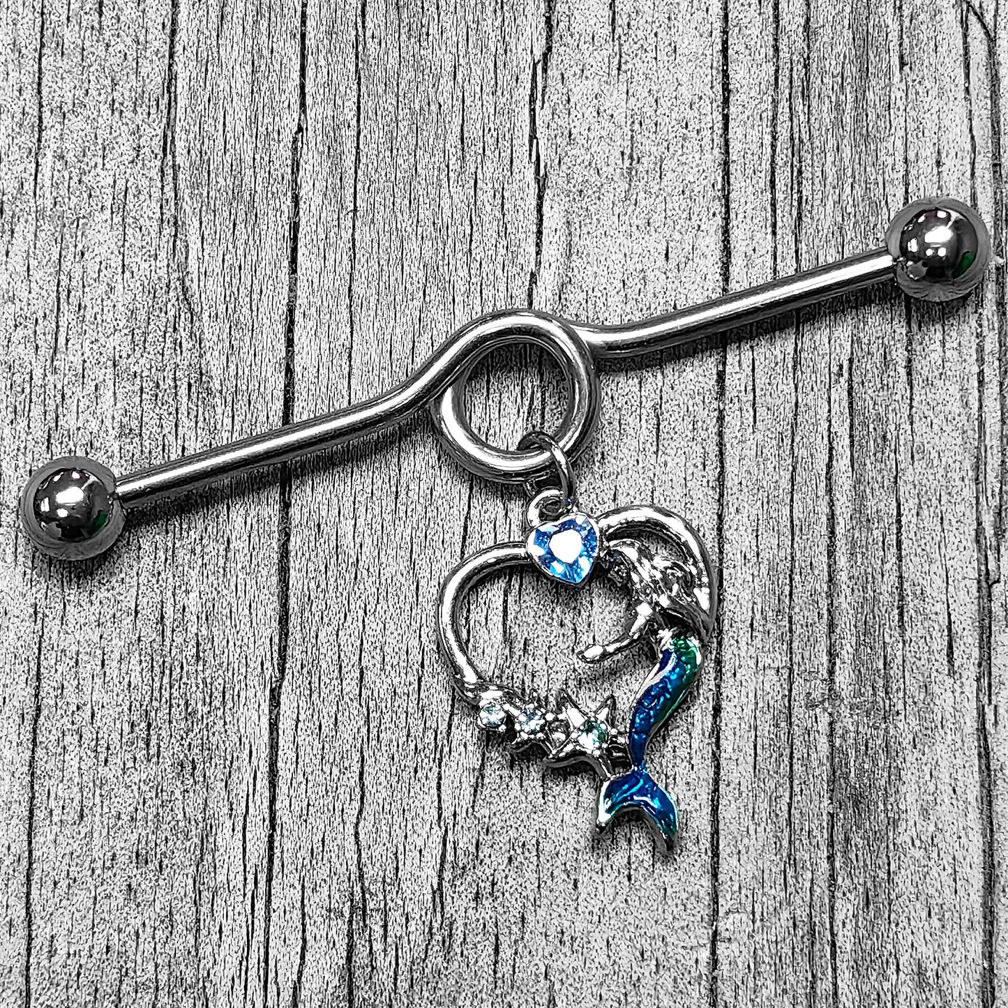14G Blue Gem Mermaid Tail Stars Heart Dangle Project Bar 38mm