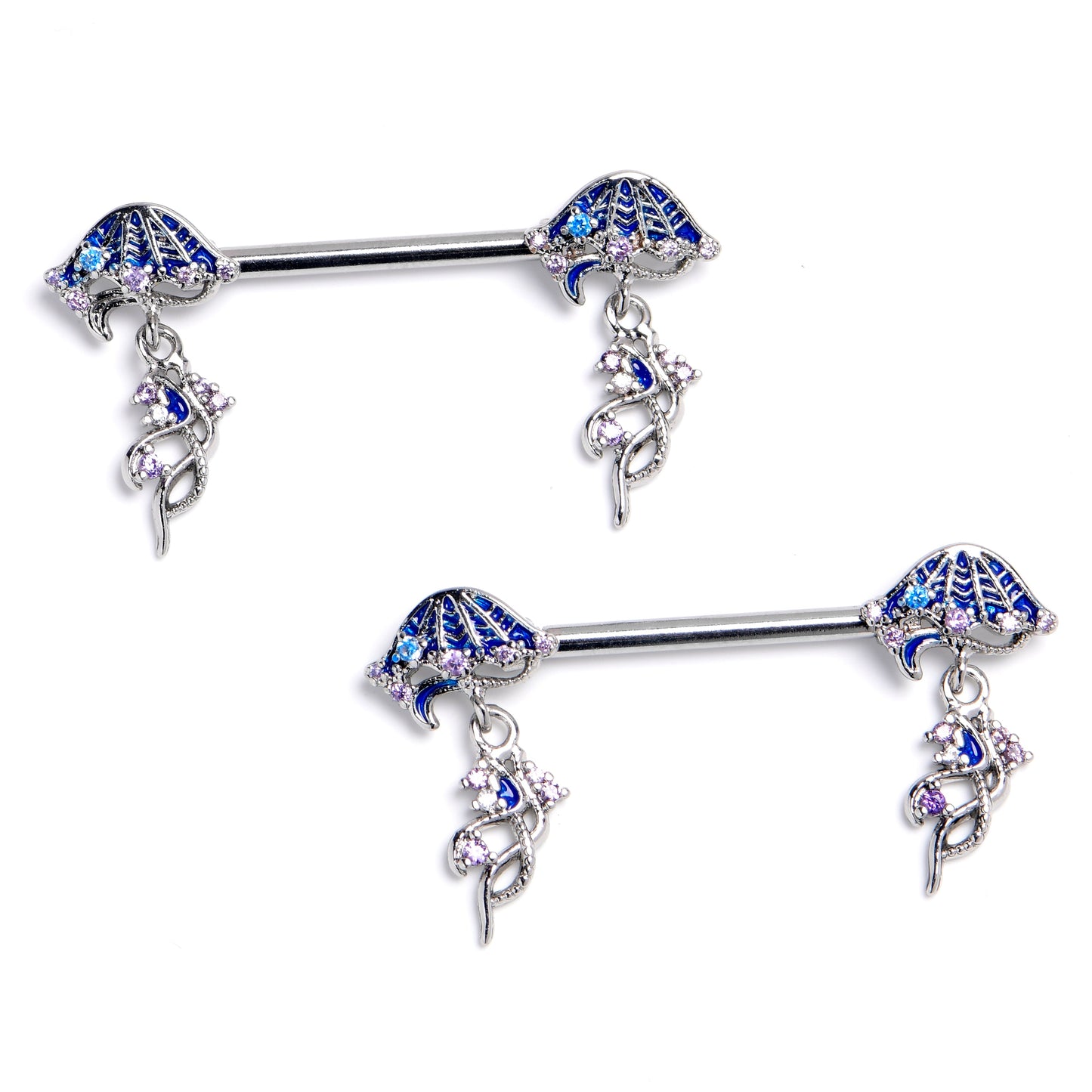 14G 9/16 Blue CZ Gem Jellyfish Blue Dangle Nipple Ring Set