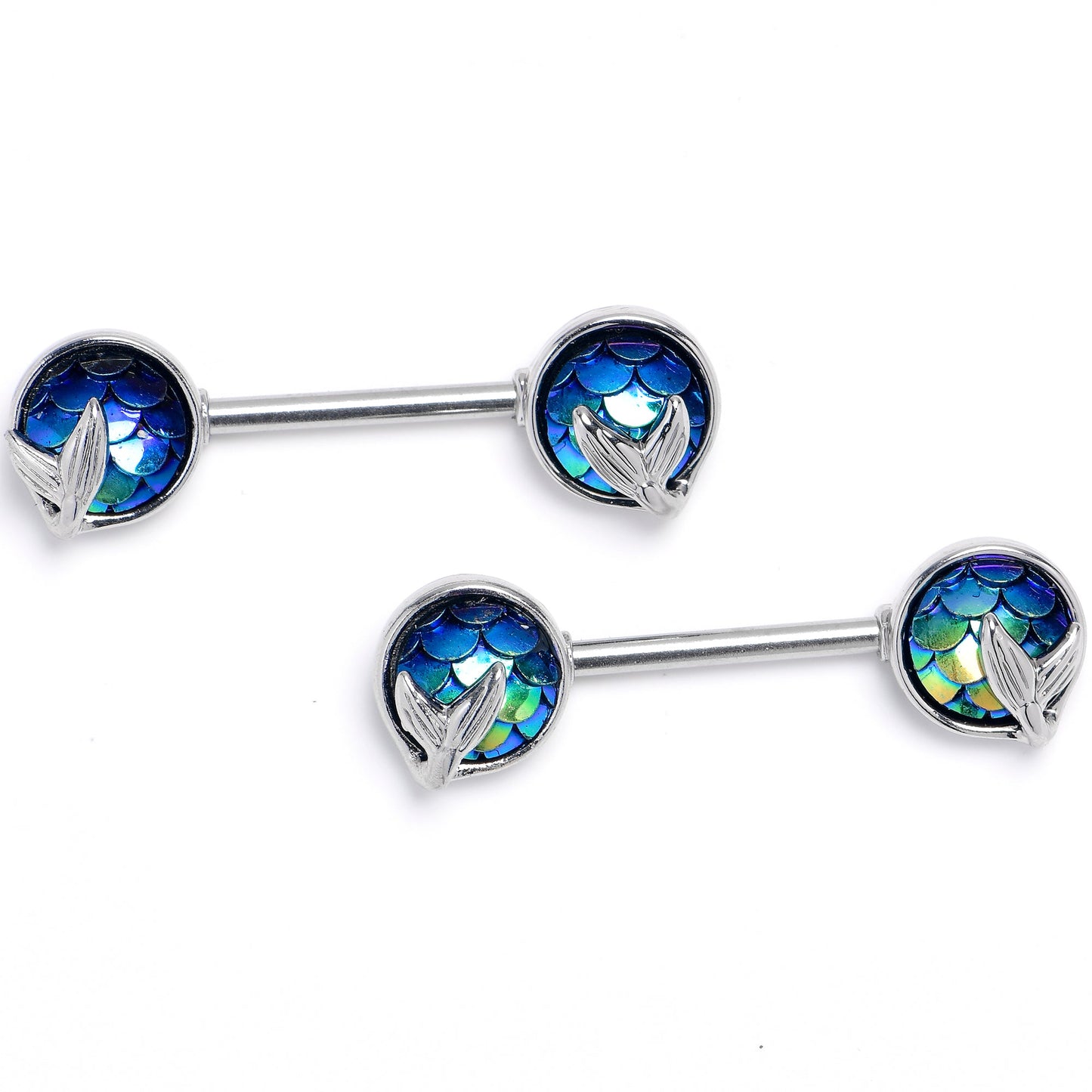 14G 9/16 Mermaid Dark Blue Scale Tail Barbell Nipple Ring Set