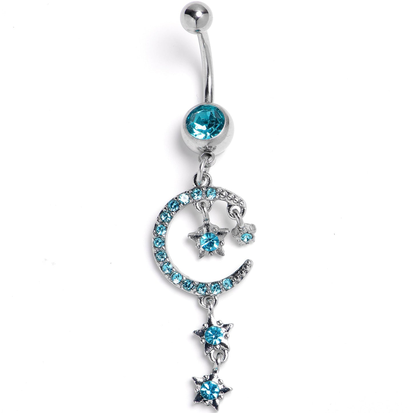 Blue Gem Crescent Moon and Stars Dangle Internally Threaded Belly Ring