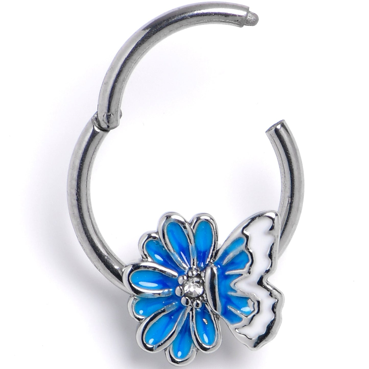 16G 3/8 Clear Gem Butterfly Blossom Blue White Hinged Segment Ring