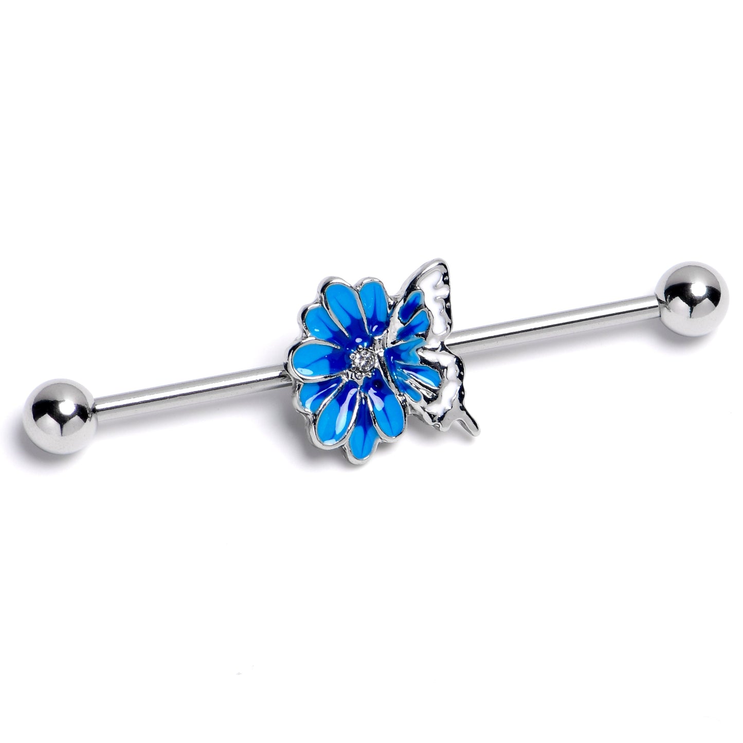 14G Clear Gem Butterfly Blossom Blue Industrial Barbell 38mm