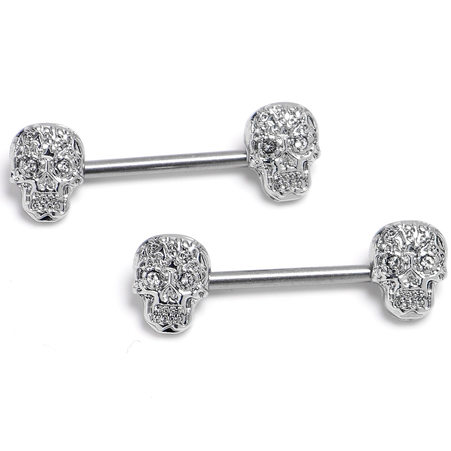 14G 9/16 316L Steel Skulls Clear Gem with Titanium Barbell Nipple Rings