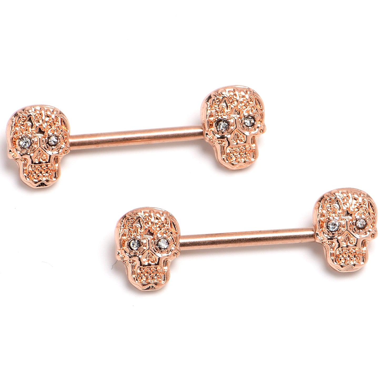14G 9/16 Rose Gold 316L Steel Skulls with Titanium Barbell Nipple Rings