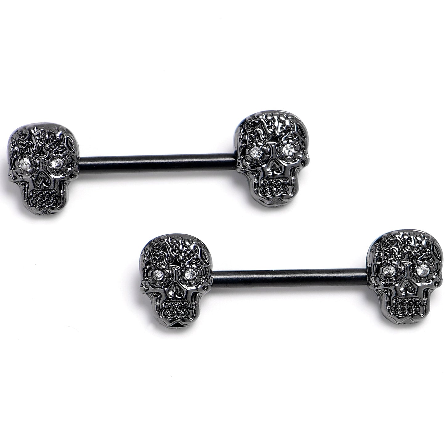 14G 9/16 Black 316L Steel Skulls with Titanium Barbell Nipple Rings