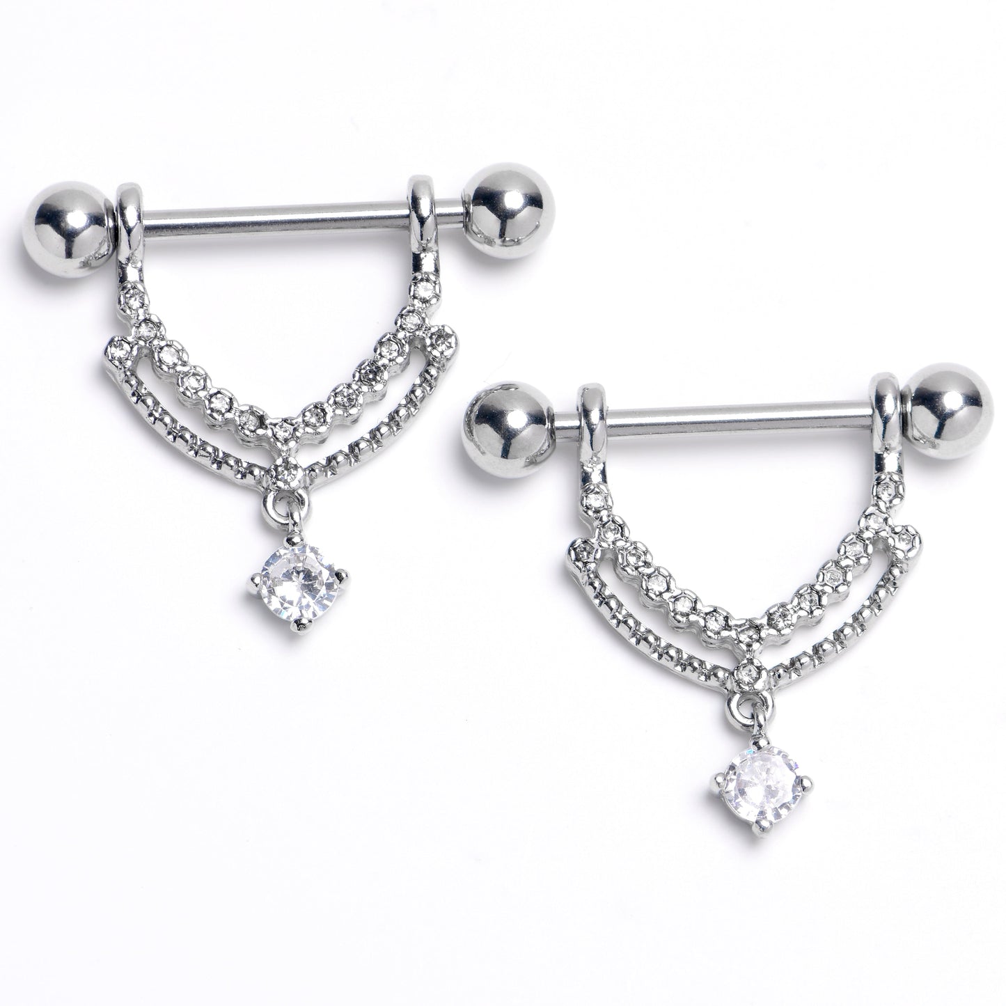 14G 9/16 Clear CZ Gem Double Curves Dangle Nipple Ring Set