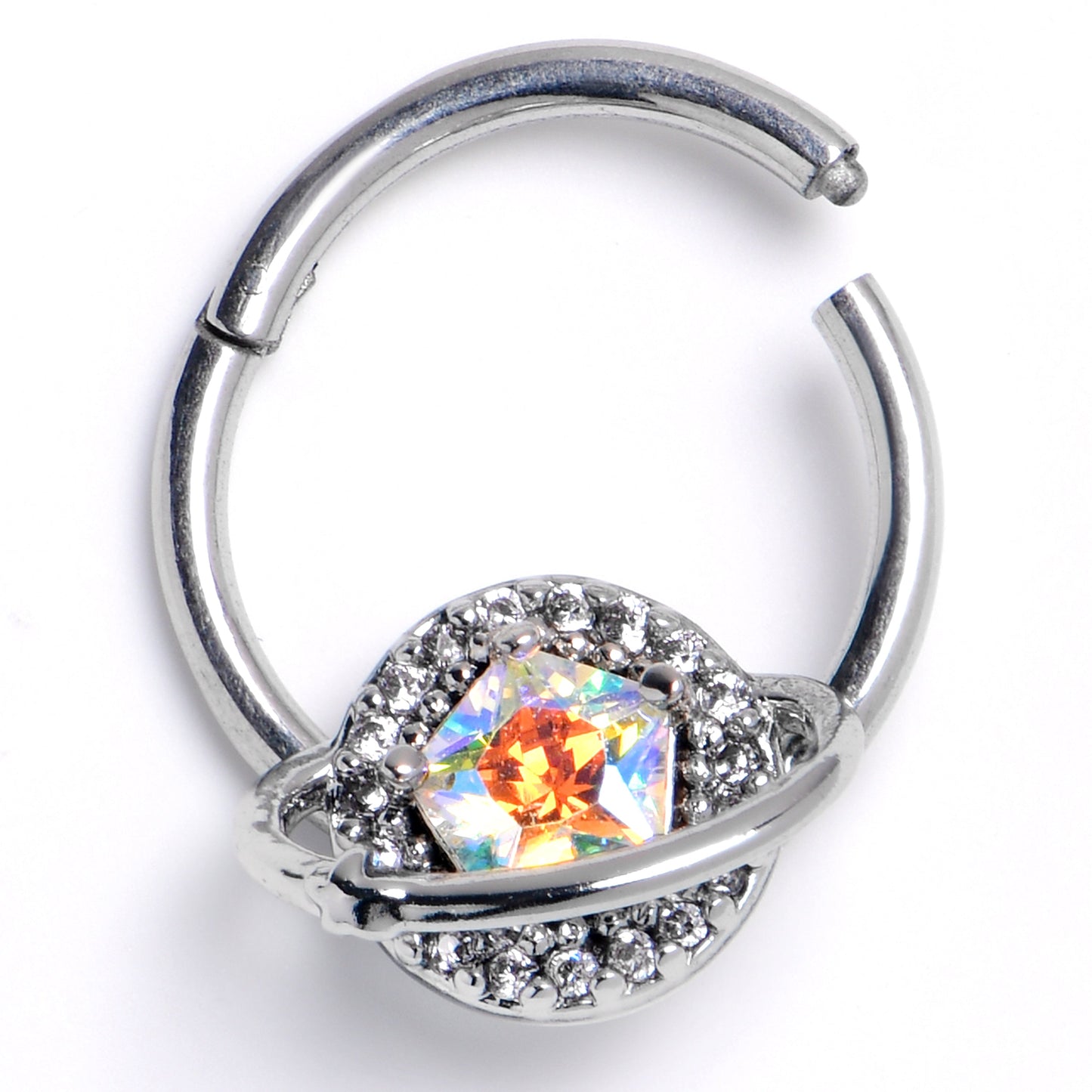 16G 3/8 Aurora Clear CZ Gem Textured Saturn Hinged Segment Ring