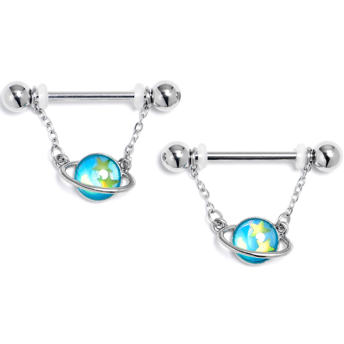 14G 3/4 Saturn Star Blue Chain Dangle Nipple Ring Set