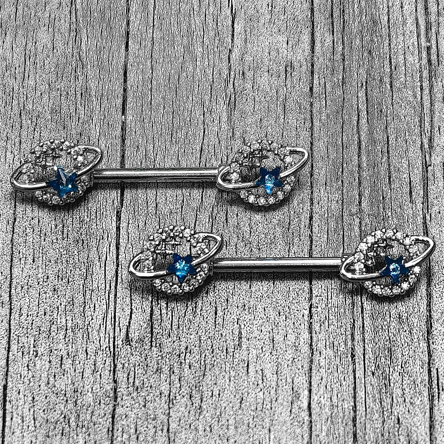 14G 9/16 Clear Blue Gem Starry Skies Barbell Nipple Ring Set