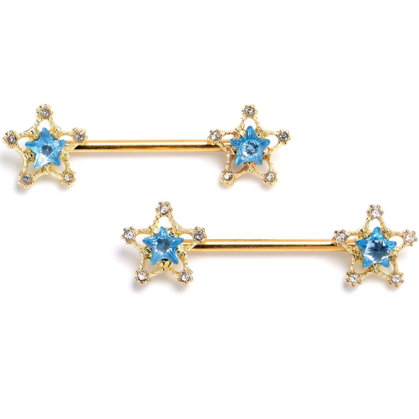 14G Blue Gem Gold Tone Starry Glam Barbell Nipple Ring Set